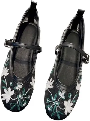 TN TANGNEST Women's Floral Embroidered Vintange Buckle Flat Shoes Round Toe Dress Mary Jane Shoes