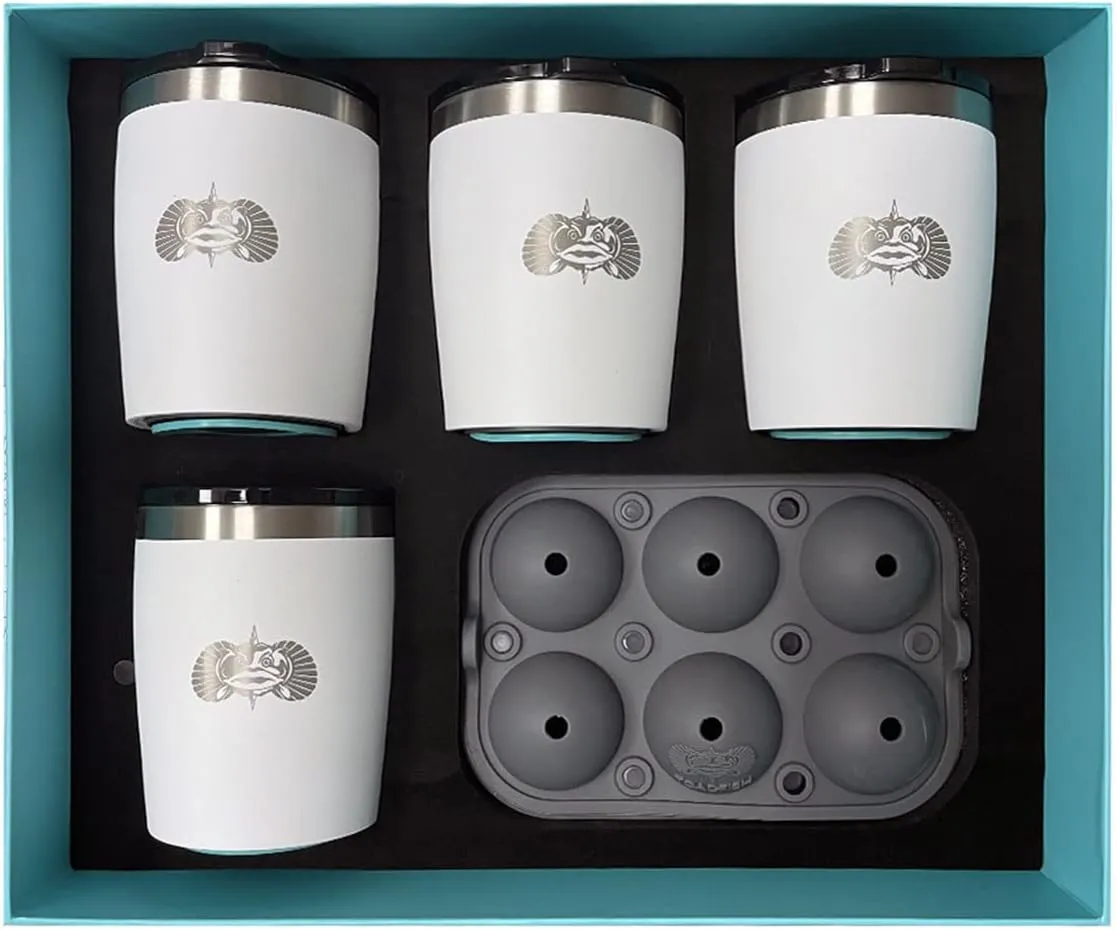 Toadfish Non-tipping 10oz Double Wall Insulated Stainless Steel Rocks Tumbler 4-Pack Gift Set w/Ice Ball Tray & Easy Slide Lid - White