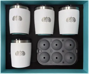 Toadfish Non-tipping 10oz Double Wall Insulated Stainless Steel Rocks Tumbler 4-Pack Gift Set w/Ice Ball Tray & Easy Slide Lid - White