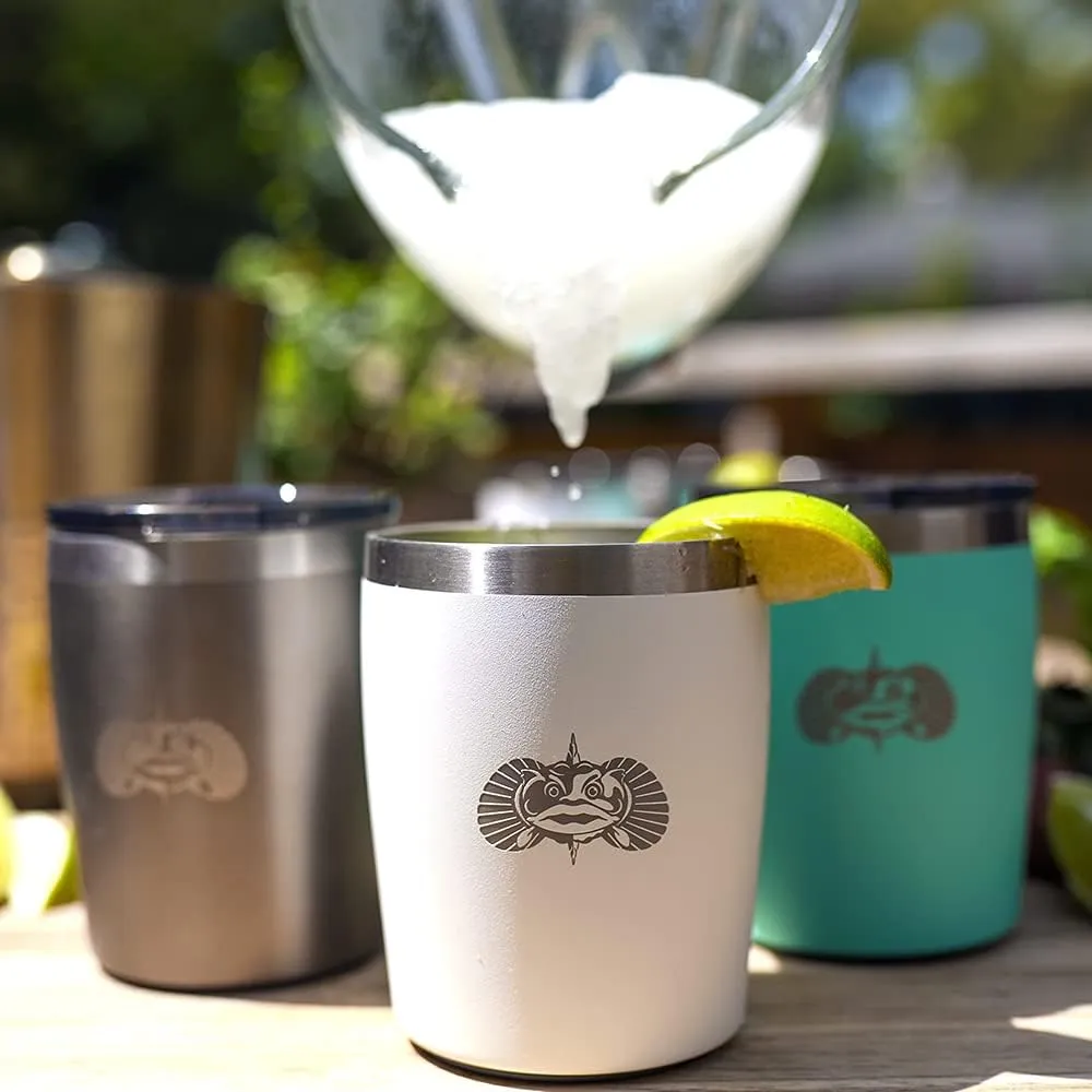 Toadfish Non-tipping 10oz Double Wall Insulated Stainless Steel Rocks Tumbler 4-Pack Gift Set w/Ice Ball Tray & Easy Slide Lid - White