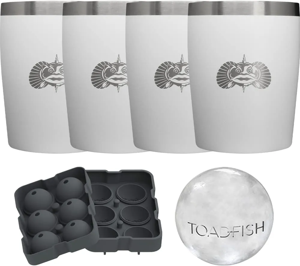 Toadfish Non-tipping 10oz Double Wall Insulated Stainless Steel Rocks Tumbler 4-Pack Gift Set w/Ice Ball Tray & Easy Slide Lid - White