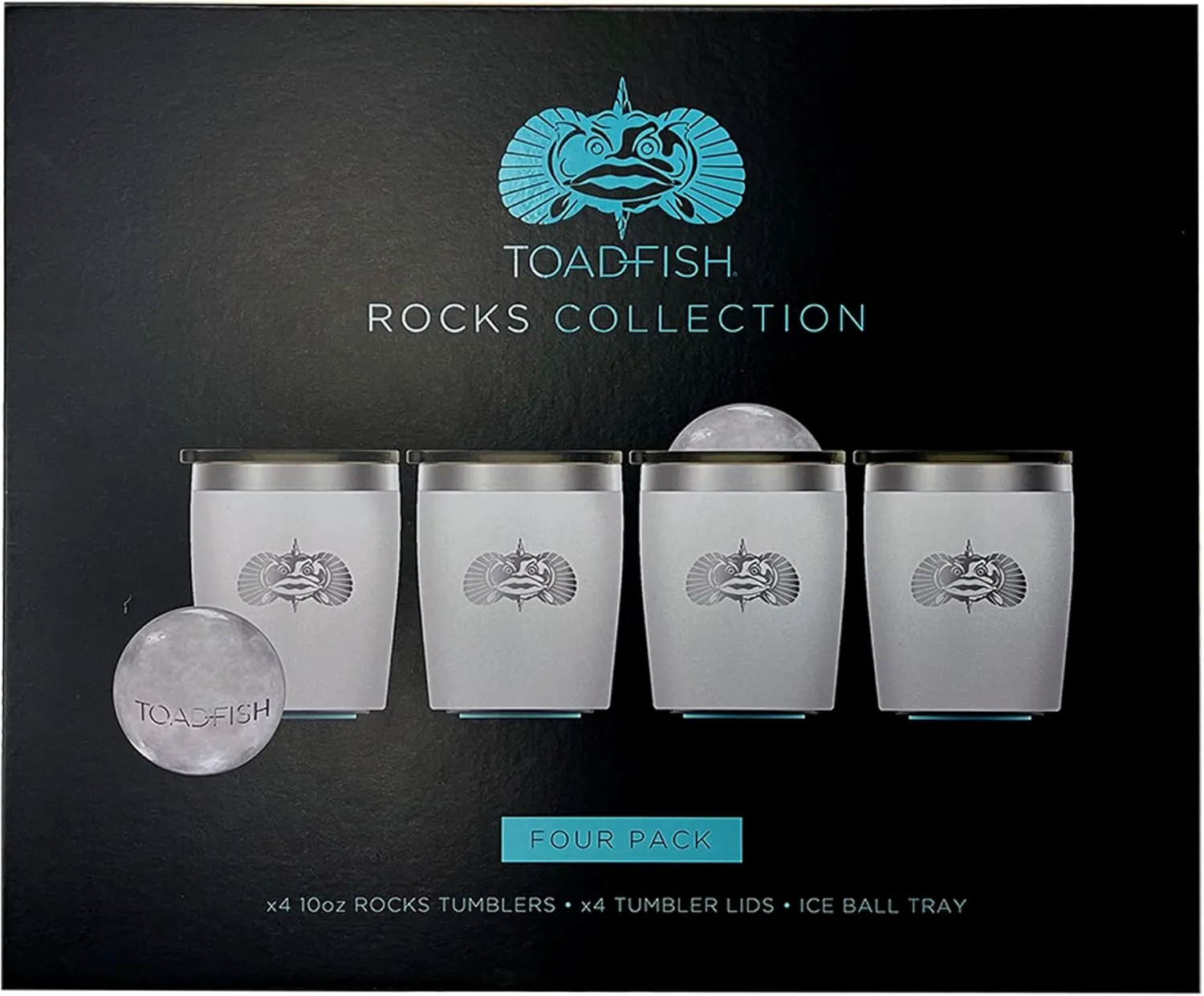 Toadfish Non-tipping 10oz Double Wall Insulated Stainless Steel Rocks Tumbler 4-Pack Gift Set w/Ice Ball Tray & Easy Slide Lid - White
