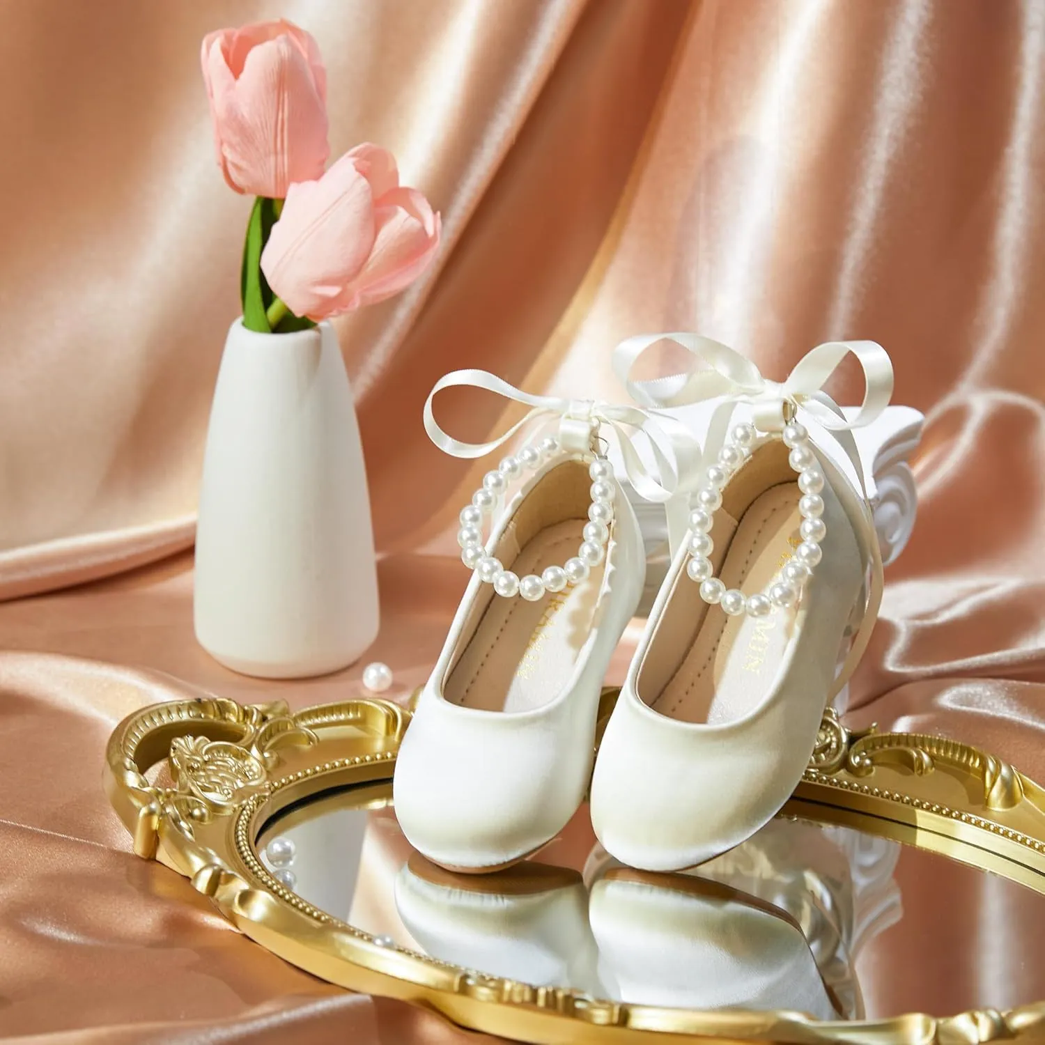 Toddler Flower Girl Dress Shoes - Little Girl Ballet Flats Pearl Strap for Wedding Party