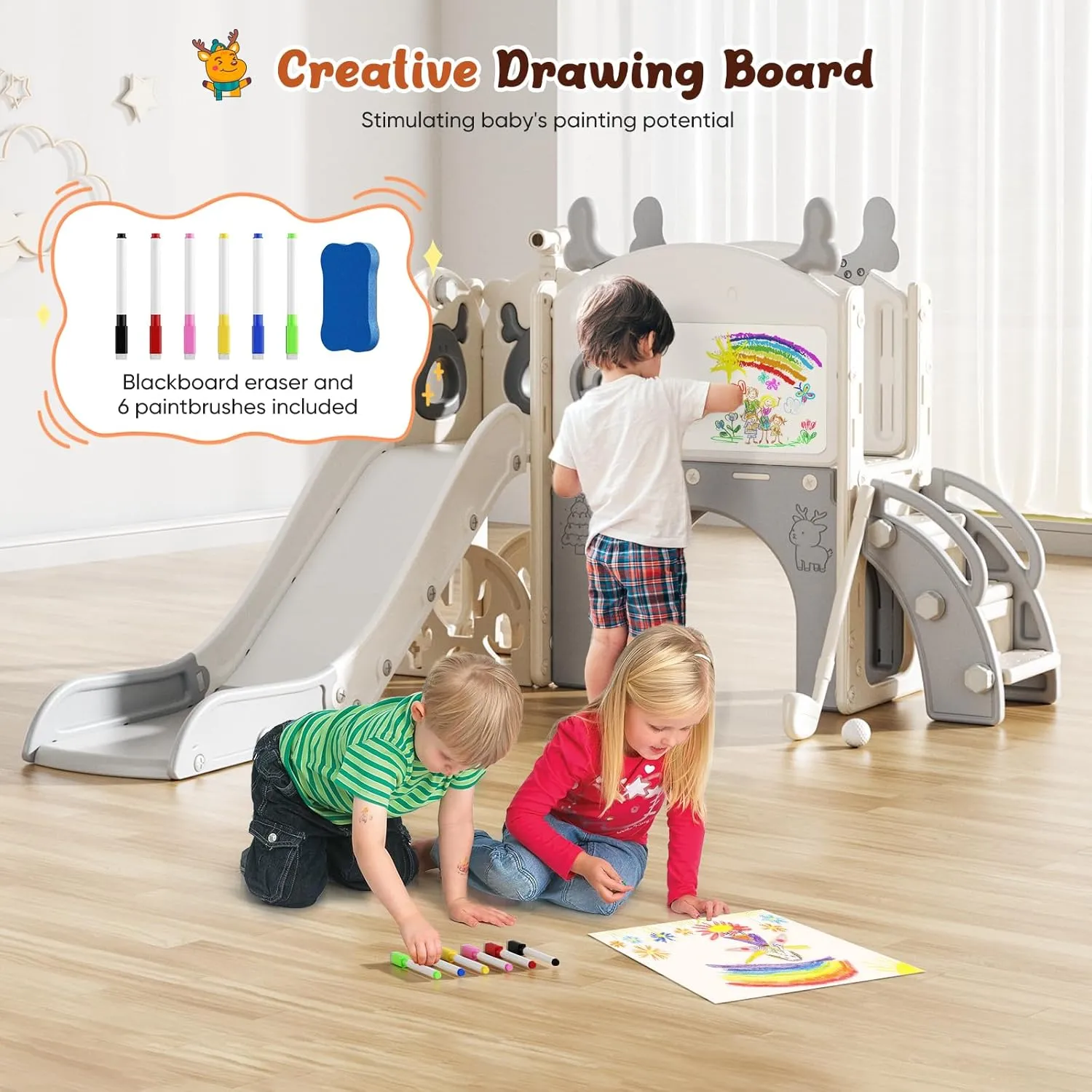 Toddler Slide, 10 in 1 Toddler Playset - Upgrade with Kids Slide, Drawing Board, Golf Set, Basketball Hoop and Storage Space for Age 1-3, Indoor and Outdoor Playground