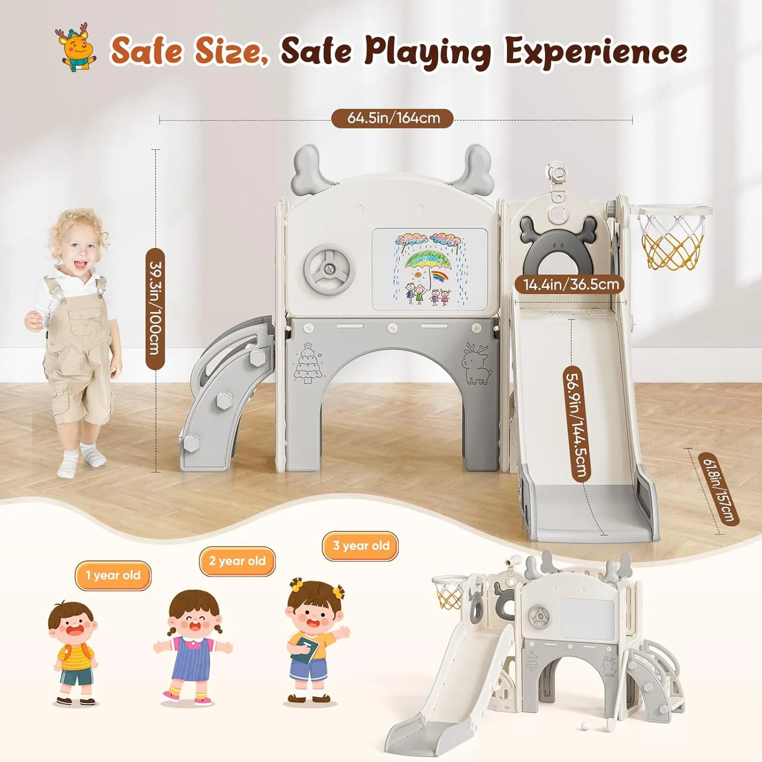 Toddler Slide, 10 in 1 Toddler Playset - Upgrade with Kids Slide, Drawing Board, Golf Set, Basketball Hoop and Storage Space for Age 1-3, Indoor and Outdoor Playground