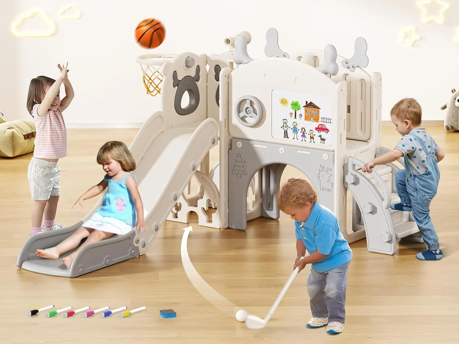 Toddler Slide, 10 in 1 Toddler Playset - Upgrade with Kids Slide, Drawing Board, Golf Set, Basketball Hoop and Storage Space for Age 1-3, Indoor and Outdoor Playground