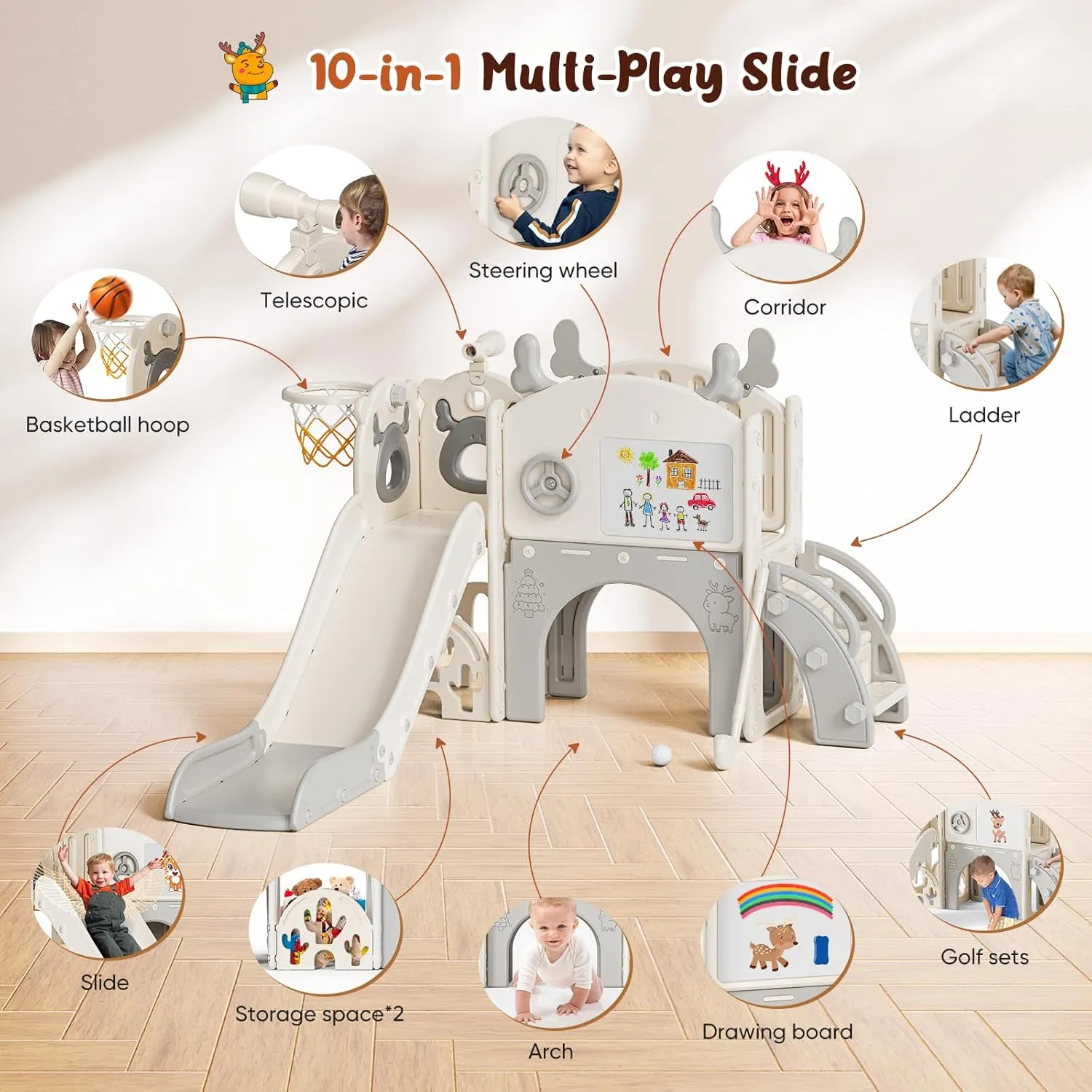 Toddler Slide, 10 in 1 Toddler Playset - Upgrade with Kids Slide, Drawing Board, Golf Set, Basketball Hoop and Storage Space for Age 1-3, Indoor and Outdoor Playground