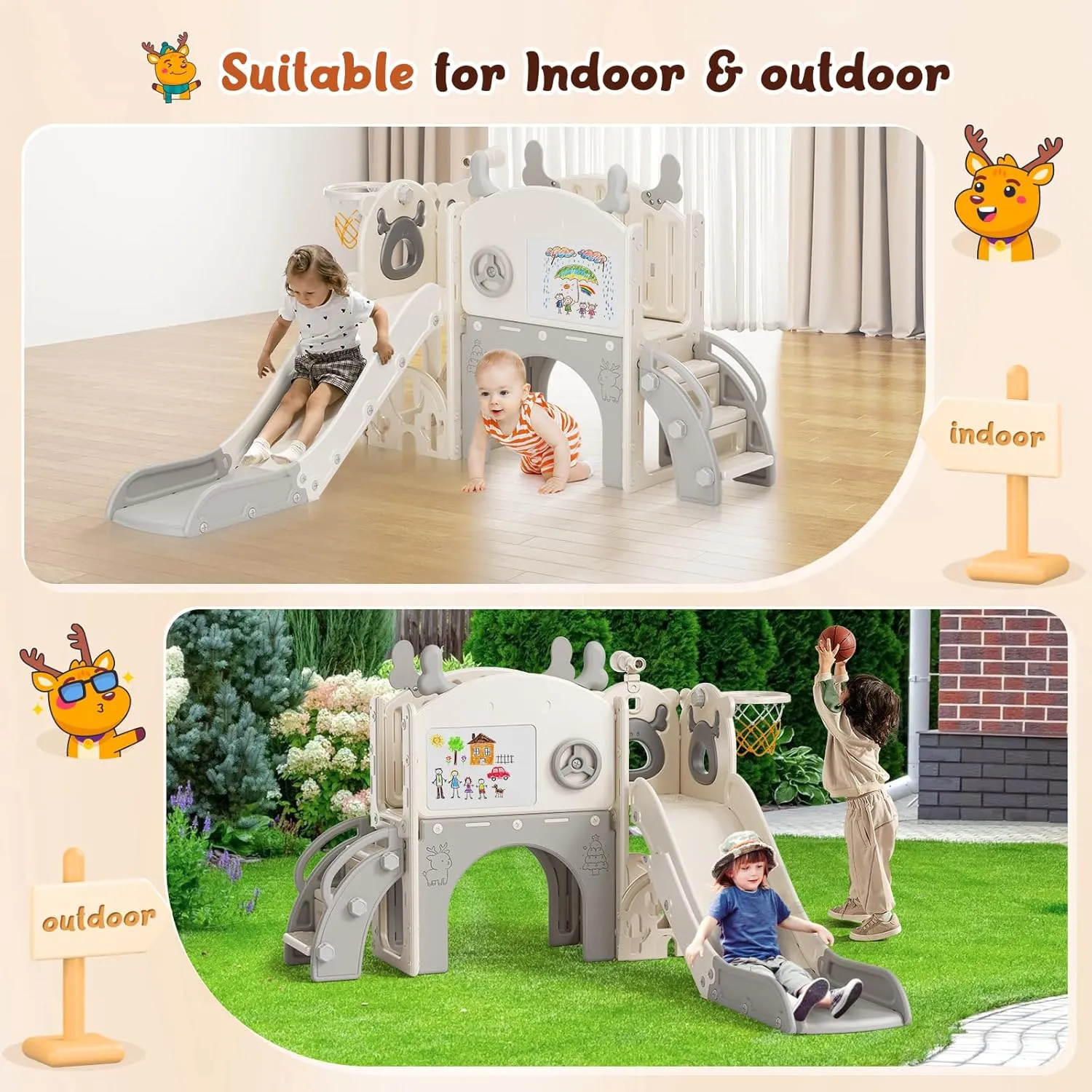 Toddler Slide, 10 in 1 Toddler Playset - Upgrade with Kids Slide, Drawing Board, Golf Set, Basketball Hoop and Storage Space for Age 1-3, Indoor and Outdoor Playground