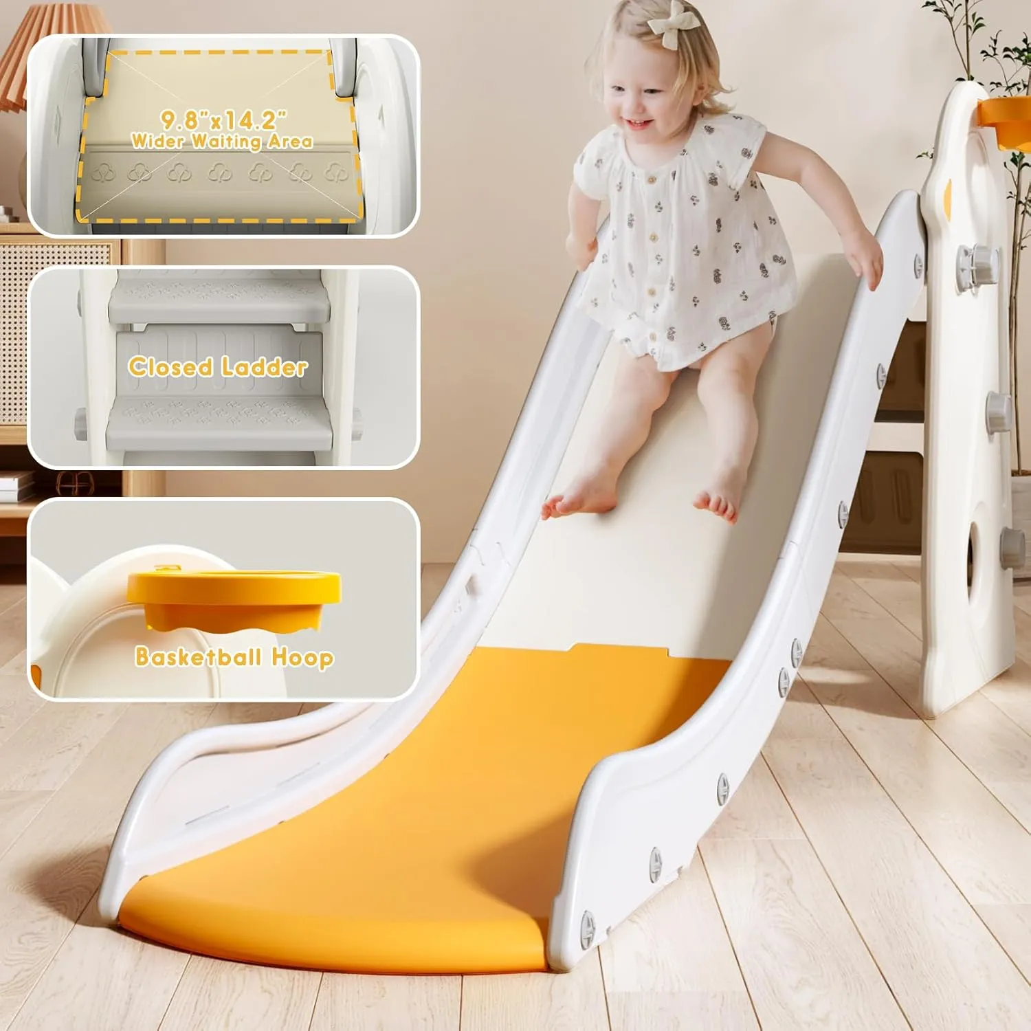 Toddler Slide Indoor Outdoor for Kids, 3 in 1 Foldable Kids Slide Easy Set Up Playset with Basketball Hoop & Ball, Freestanding Baby with Extra Long Slipping Slope for Kid