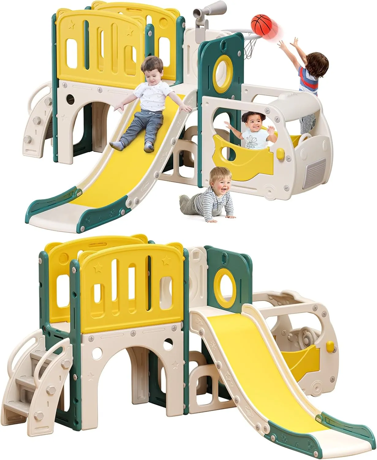 Toddler Slide Kids Slide Playset for Babies Bus Themed Toddler Playground with Climber Baskteball Hoop Indoor Playground Outdoor