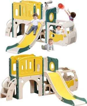 Toddler Slide Kids Slide Playset for Babies Bus Themed Toddler Playground with Climber Baskteball Hoop Indoor Playground Outdoor
