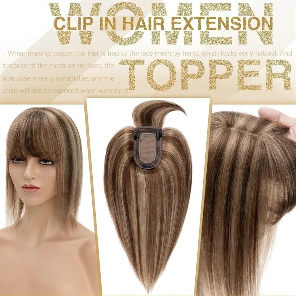 Toppers for Women Hair Toppers for Women 6"-18" Real Human Hair with Bangs, 7x12.5cm Silk Base Clip In Hair Extension 150% Densiny Indian Hair Straight Hair Pieces Hair Toppers(Dark Blonde,14inches)