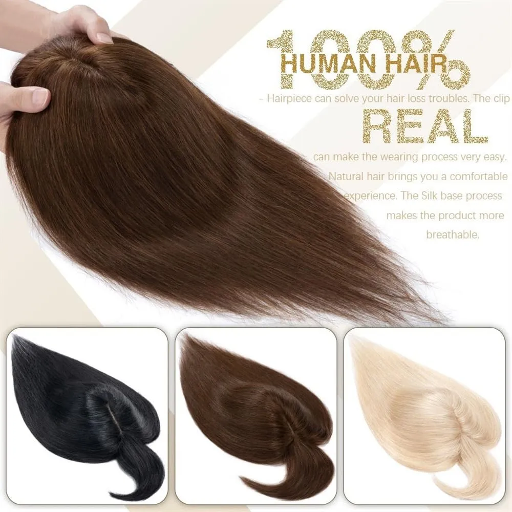 Toppers for Women Hair Toppers for Women 6"-18" Real Human Hair with Bangs, 7x12.5cm Silk Base Clip In Hair Extension 150% Densiny Indian Hair Straight Hair Pieces Hair Toppers(Dark Blonde,14inches)