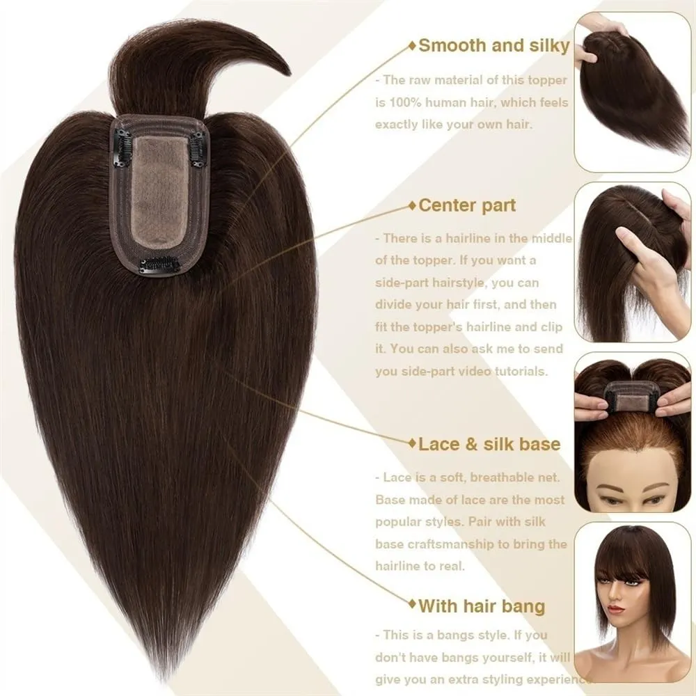 Toppers for Women Hair Toppers for Women 6"-18" Real Human Hair with Bangs, 7x12.5cm Silk Base Clip In Hair Extension 150% Densiny Indian Hair Straight Hair Pieces Hair Toppers(Dark Blonde,14inches)