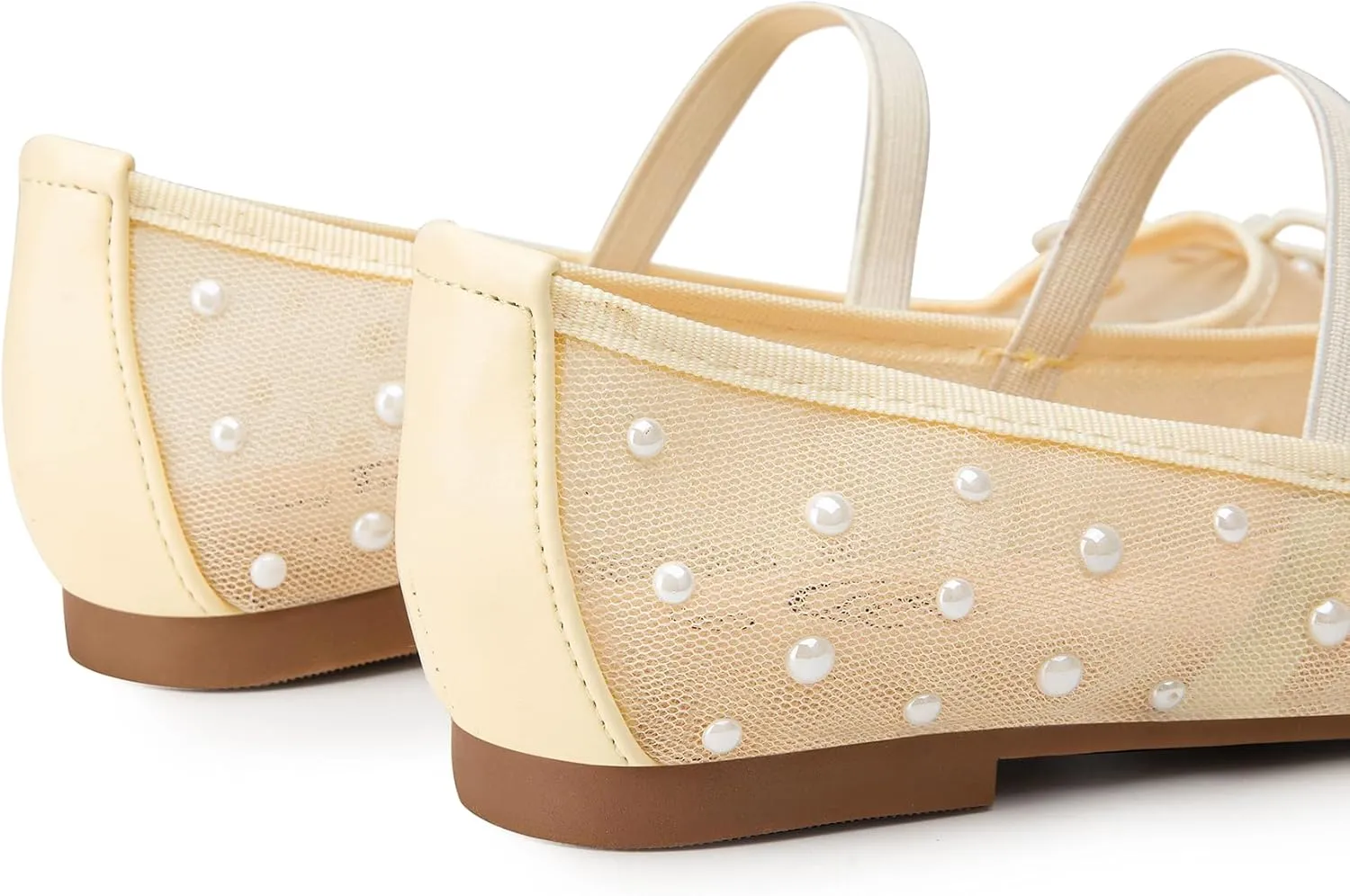 Trary Mesh Ballet Flats with Pearl Rhinestone Details, Bow Mary Jane Shoes, Comfy Wide Toe Dress Shoes for All Occasions