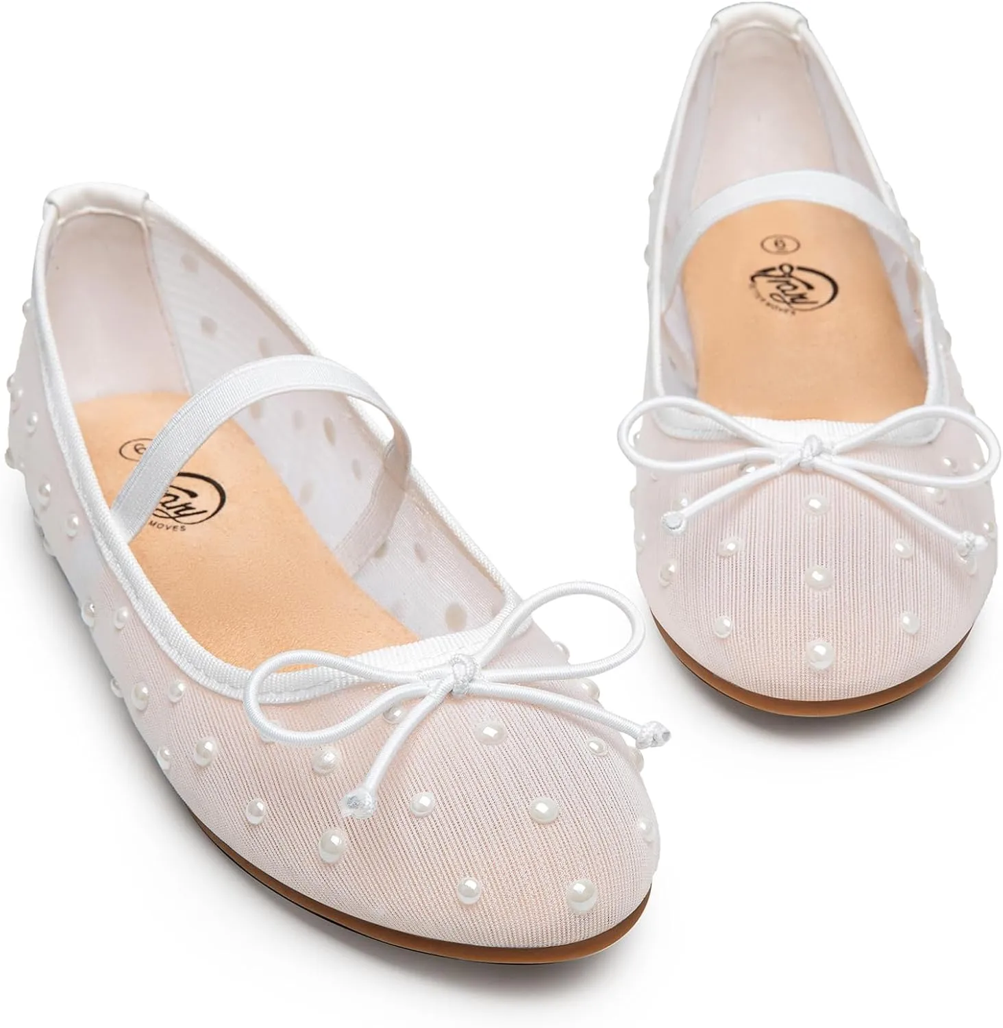 Trary Mesh Ballet Flats with Pearl Rhinestone Details, Bow Mary Jane Shoes, Comfy Wide Toe Dress Shoes for All Occasions