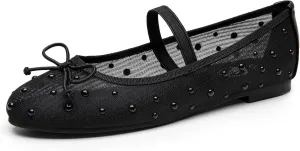Trary Mesh Ballet Flats with Pearl Rhinestone Details, Bow Mary Jane Shoes, Comfy Wide Toe Dress Shoes for All Occasions