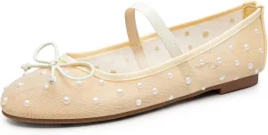 Trary Mesh Ballet Flats with Pearl Rhinestone Details, Bow Mary Jane Shoes, Comfy Wide Toe Dress Shoes for All Occasions