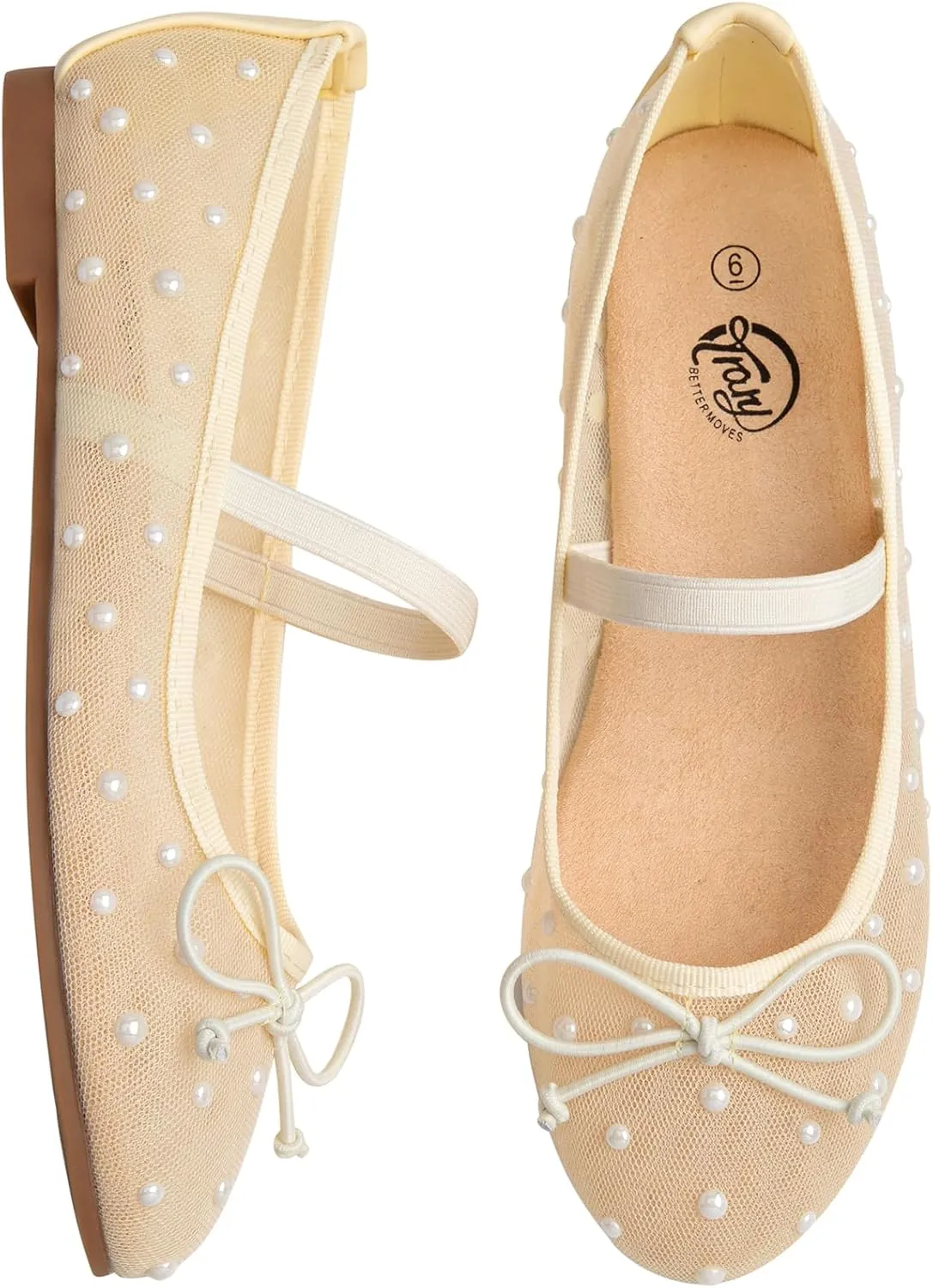 Trary Mesh Ballet Flats with Pearl Rhinestone Details, Bow Mary Jane Shoes, Comfy Wide Toe Dress Shoes for All Occasions