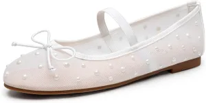 Trary Mesh Ballet Flats with Pearl Rhinestone Details, Bow Mary Jane Shoes, Comfy Wide Toe Dress Shoes for All Occasions