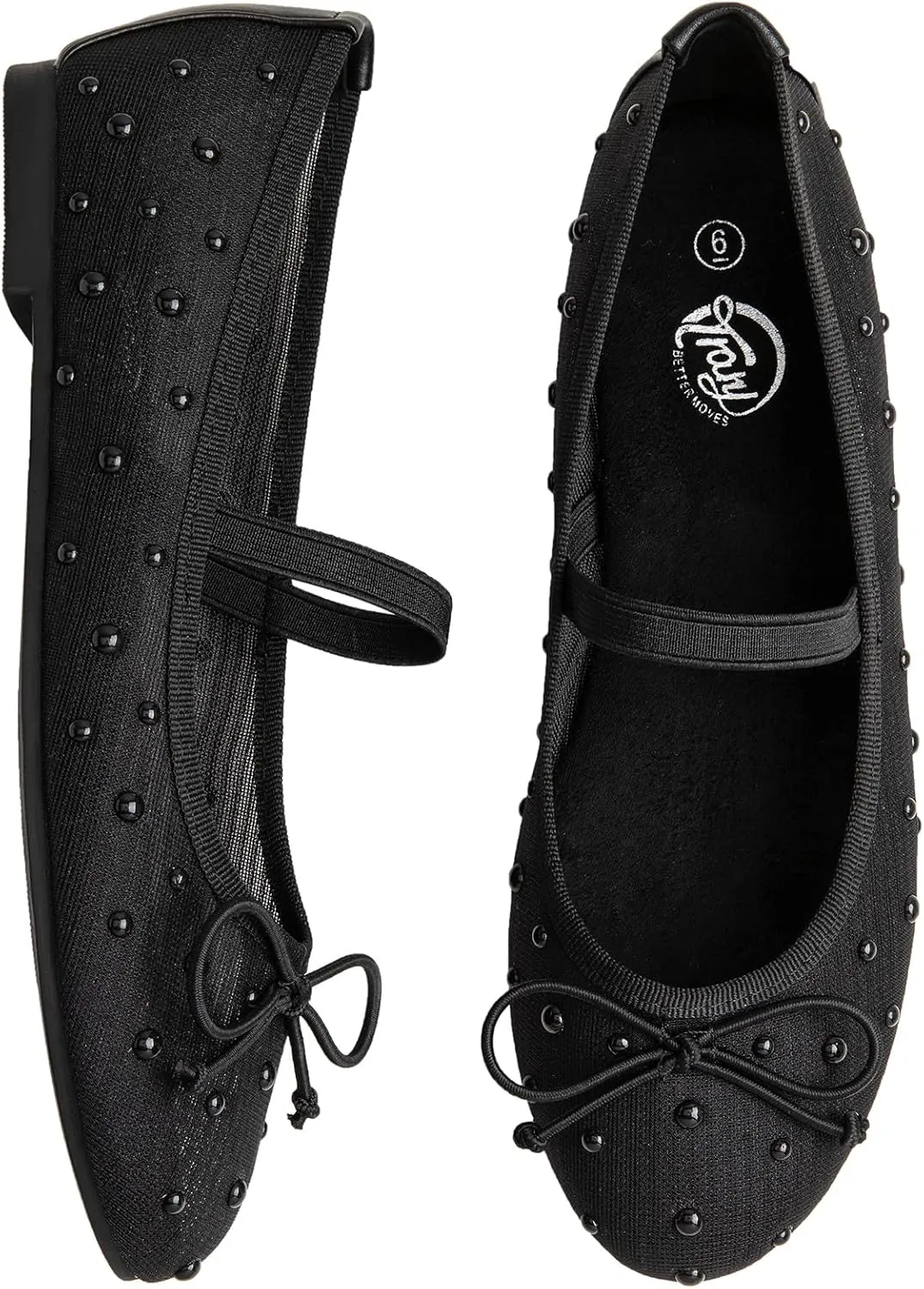 Trary Mesh Ballet Flats with Pearl Rhinestone Details, Bow Mary Jane Shoes, Comfy Wide Toe Dress Shoes for All Occasions
