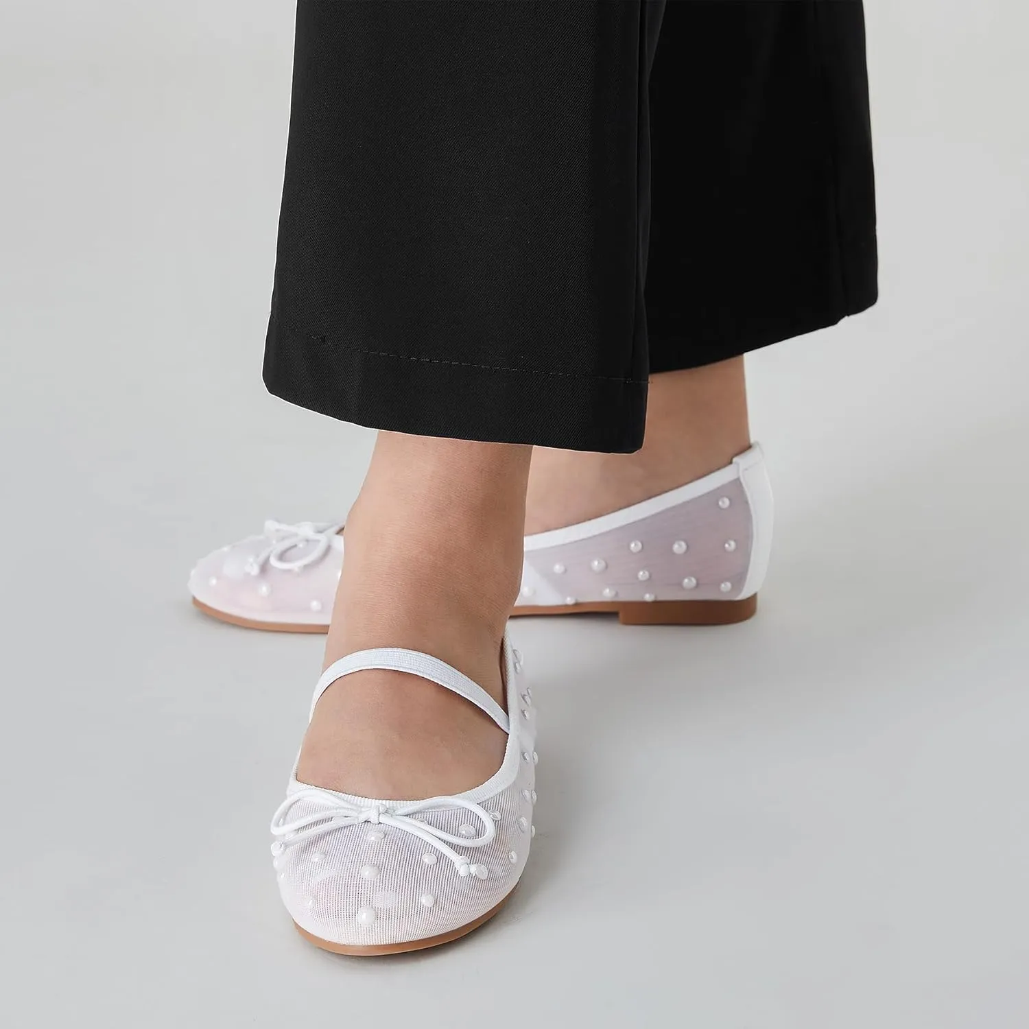 Trary Mesh Ballet Flats with Pearl Rhinestone Details, Bow Mary Jane Shoes, Comfy Wide Toe Dress Shoes for All Occasions