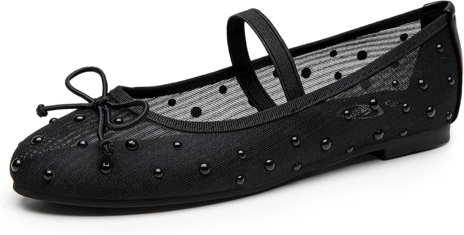 Trary Mesh Ballet Flats with Pearl Rhinestone Details, Bow Mary Jane Shoes, Comfy Wide Toe Dress Shoes for All Occasions