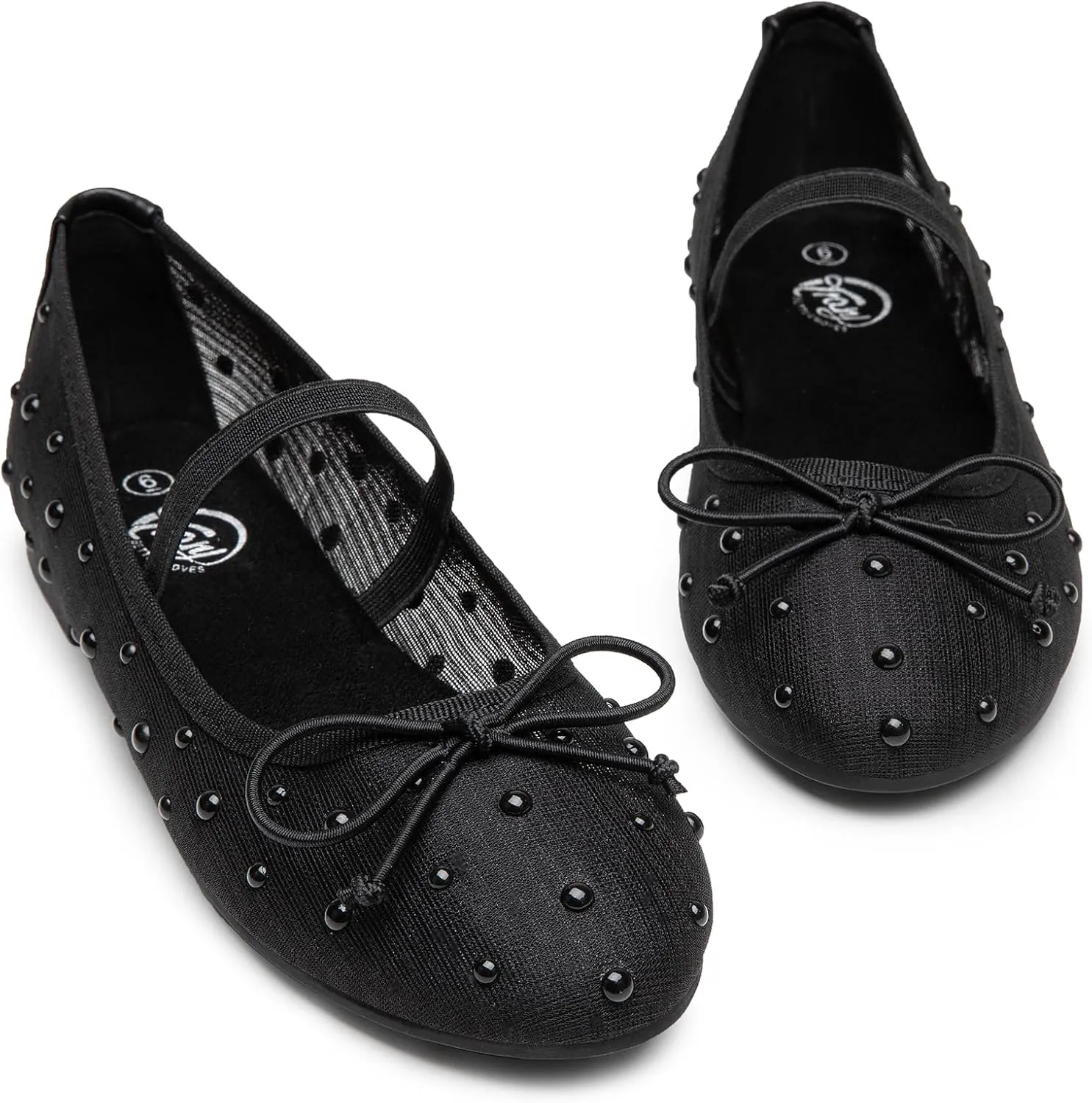 Trary Mesh Ballet Flats with Pearl Rhinestone Details, Bow Mary Jane Shoes, Comfy Wide Toe Dress Shoes for All Occasions
