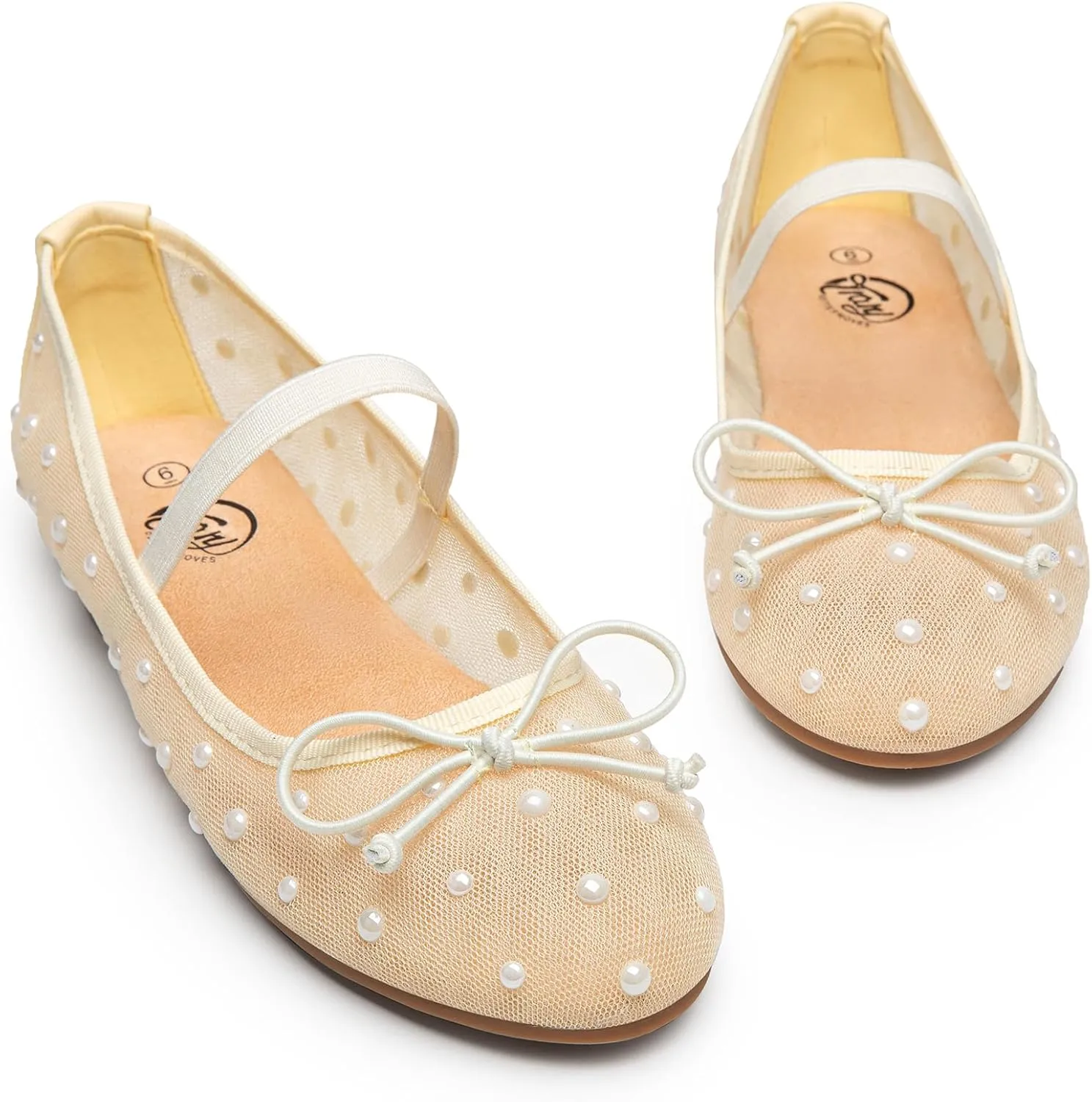 Trary Mesh Ballet Flats with Pearl Rhinestone Details, Bow Mary Jane Shoes, Comfy Wide Toe Dress Shoes for All Occasions
