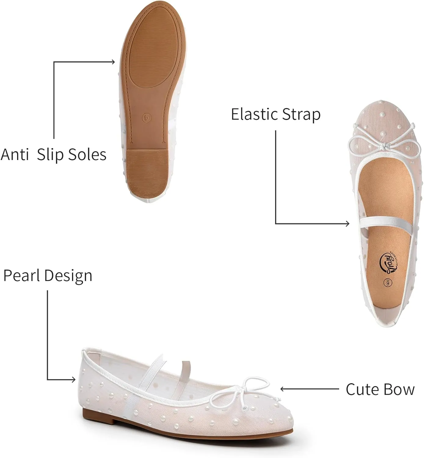 Trary Mesh Ballet Flats with Pearl Rhinestone Details, Bow Mary Jane Shoes, Comfy Wide Toe Dress Shoes for All Occasions