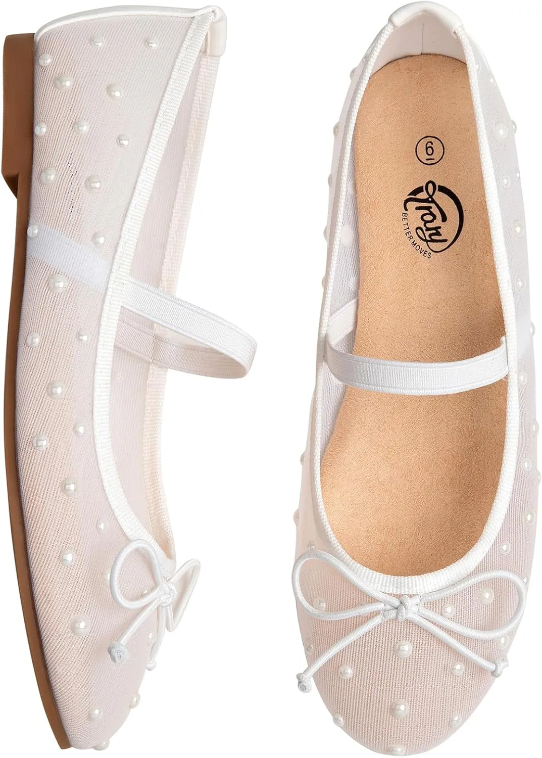 Trary Mesh Ballet Flats with Pearl Rhinestone Details, Bow Mary Jane Shoes, Comfy Wide Toe Dress Shoes for All Occasions