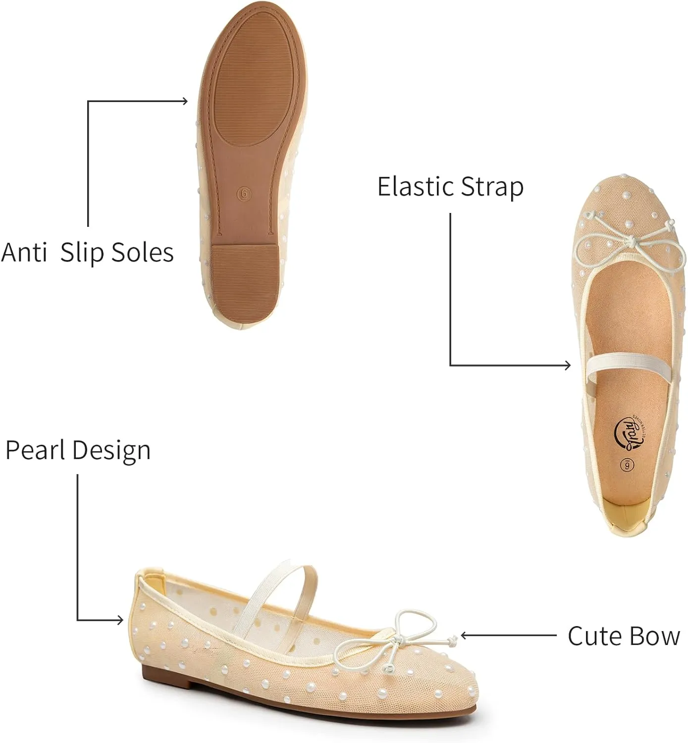 Trary Mesh Ballet Flats with Pearl Rhinestone Details, Bow Mary Jane Shoes, Comfy Wide Toe Dress Shoes for All Occasions