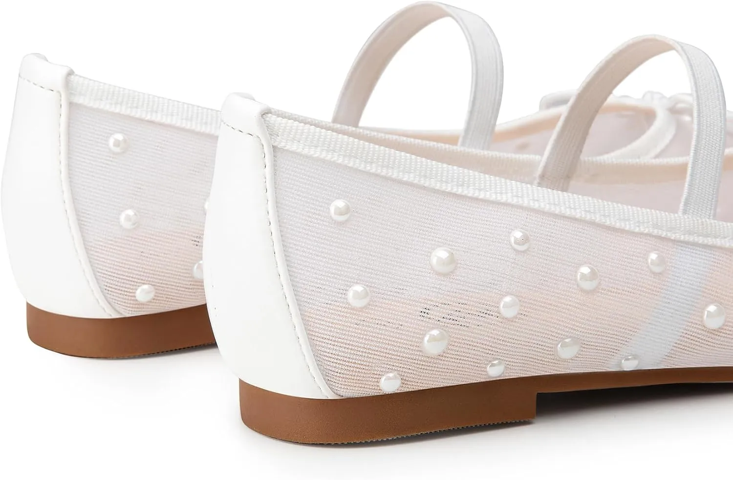 Trary Mesh Ballet Flats with Pearl Rhinestone Details, Bow Mary Jane Shoes, Comfy Wide Toe Dress Shoes for All Occasions