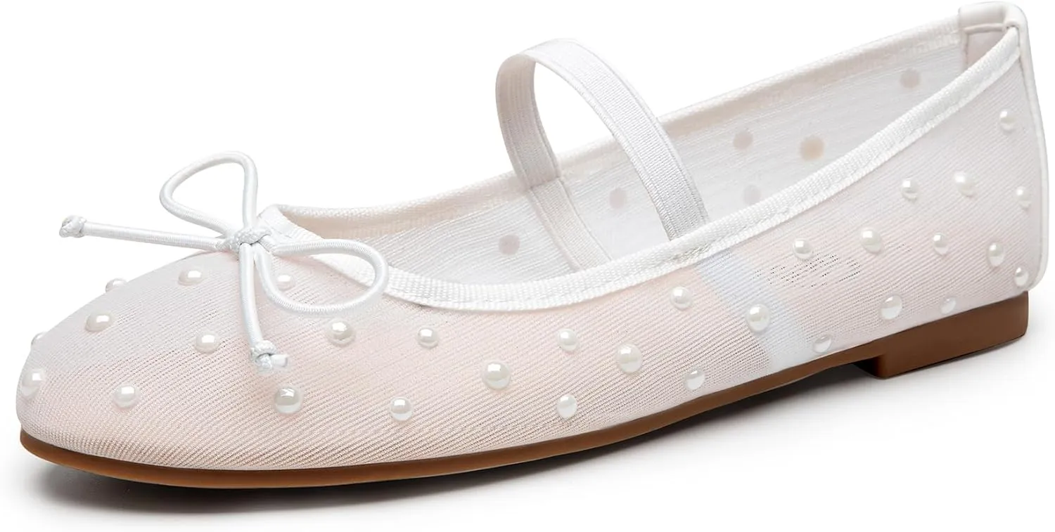 Trary Mesh Ballet Flats with Pearl Rhinestone Details, Bow Mary Jane Shoes, Comfy Wide Toe Dress Shoes for All Occasions