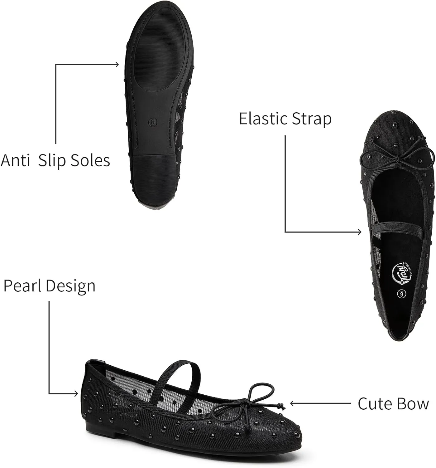 Trary Mesh Ballet Flats with Pearl Rhinestone Details, Bow Mary Jane Shoes, Comfy Wide Toe Dress Shoes for All Occasions