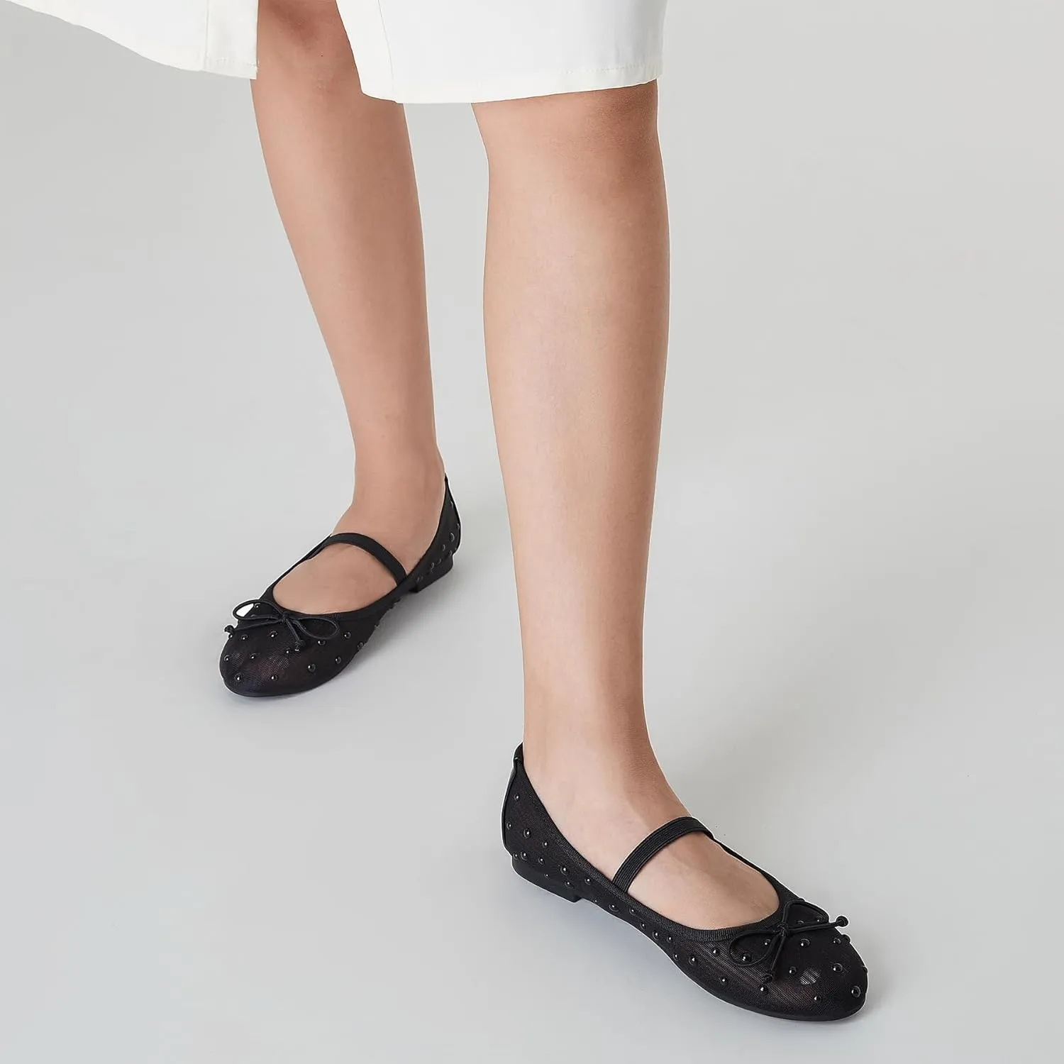 Trary Mesh Ballet Flats with Pearl Rhinestone Details, Bow Mary Jane Shoes, Comfy Wide Toe Dress Shoes for All Occasions