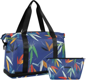 Travel Duffel Bag Bamboo Leaves Pattern Foldable Sports Tote Gym Bag with Shoe & Wet Compartment Shoulder Carry on Luggage Duffel Weekender Overnight for Men Women