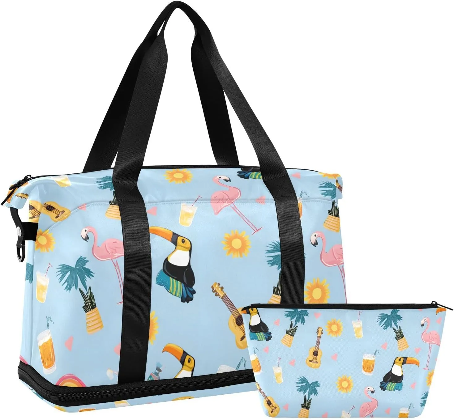 Travel Duffel Bag Cute Toucan Pattern Foldable Sports Tote Gym Bag with Shoe & Wet Compartment Shoulder Carry on Luggage Duffel Weekender Overnight for Men Women