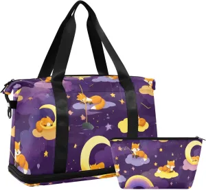 Travel Duffel Bag Dreamy Fox Pattern Foldable Sports Tote Gym Bag with Shoe & Wet Compartment Shoulder Carry on Luggage Duffel Weekender Overnight for Men Women