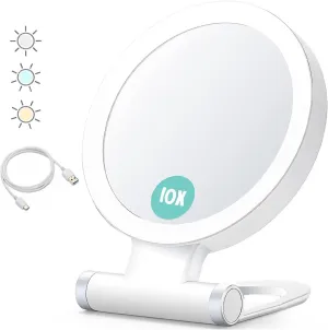 Travel Makeup Mirror with Lights, 10/20X Magnifying Beauty Mirror, 3 Color Adjustable Angle Hanging and Handheld Mirror, for Home Travel (10X)