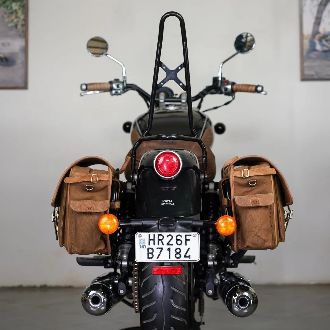 Trip Machine Company Expedition Saddlebags for Royal Enfield Super Meteor 650 & Shotgun 650, 16 oz Heavy-Duty Canvas, Leather (Pair, Brown)
