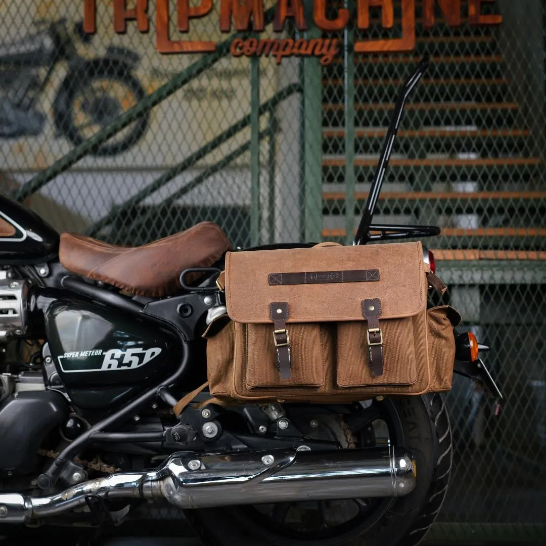 Trip Machine Company Expedition Saddlebags for Royal Enfield Super Meteor 650 & Shotgun 650, 16 oz Heavy-Duty Canvas, Leather (Pair, Brown)