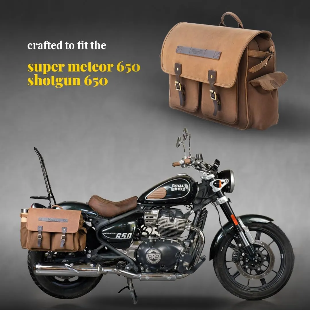 Trip Machine Company Expedition Saddlebags for Royal Enfield Super Meteor 650 & Shotgun 650, 16 oz Heavy-Duty Canvas, Leather (Pair, Brown)