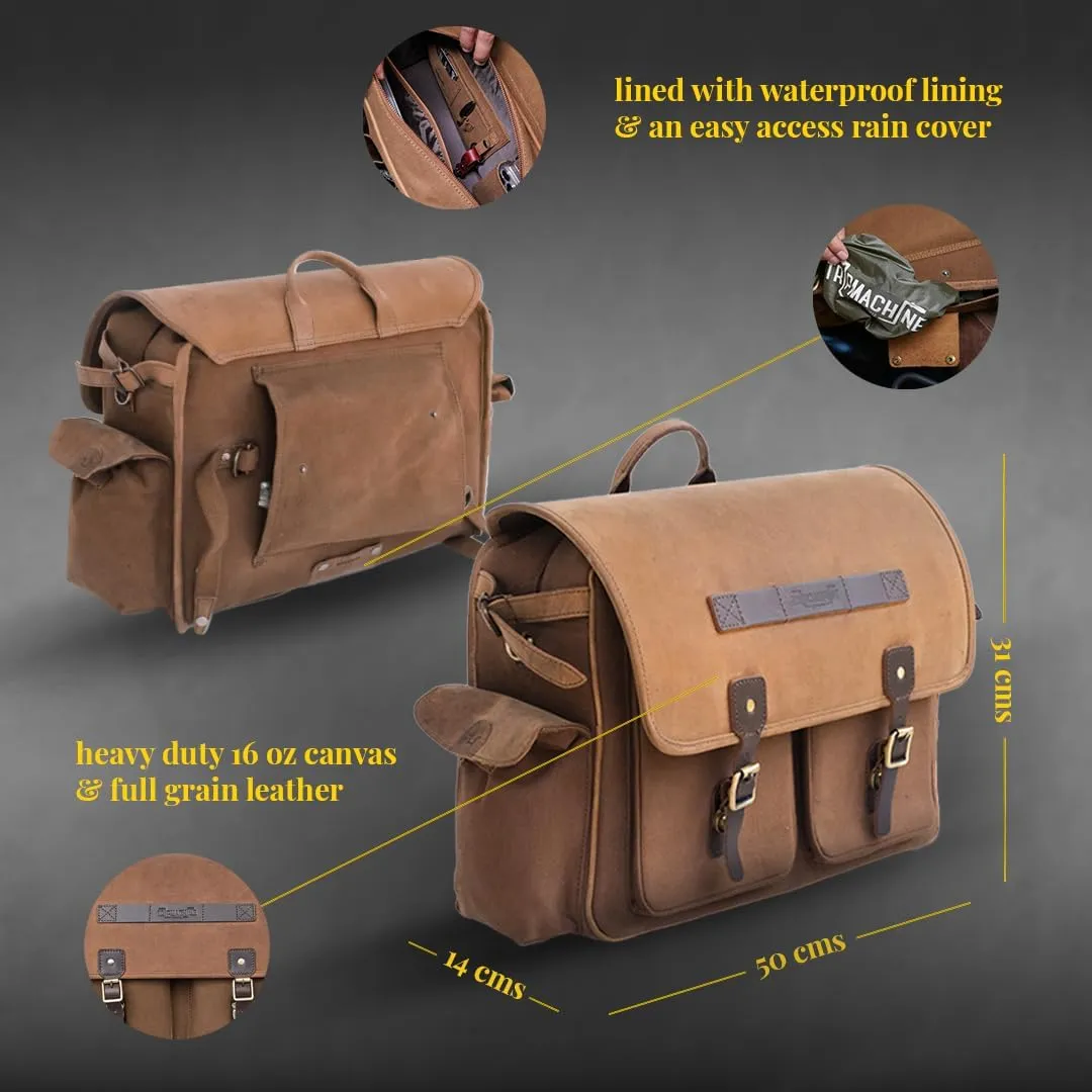 Trip Machine Company Expedition Saddlebags for Royal Enfield Super Meteor 650 & Shotgun 650, 16 oz Heavy-Duty Canvas, Leather (Pair, Brown)