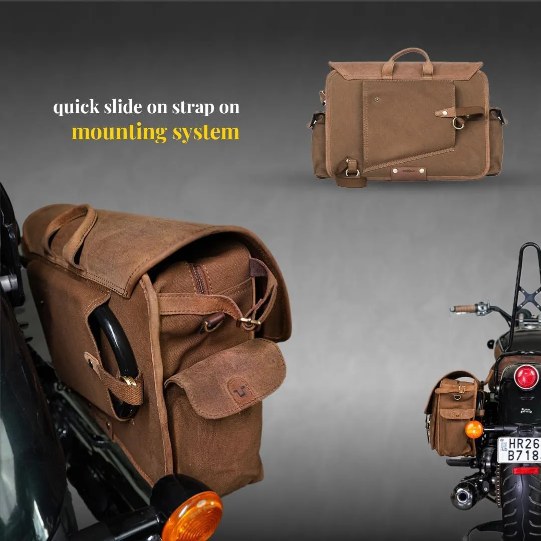 Trip Machine Company Expedition Saddlebags for Royal Enfield Super Meteor 650 & Shotgun 650, 16 oz Heavy-Duty Canvas, Leather (Pair, Brown)
