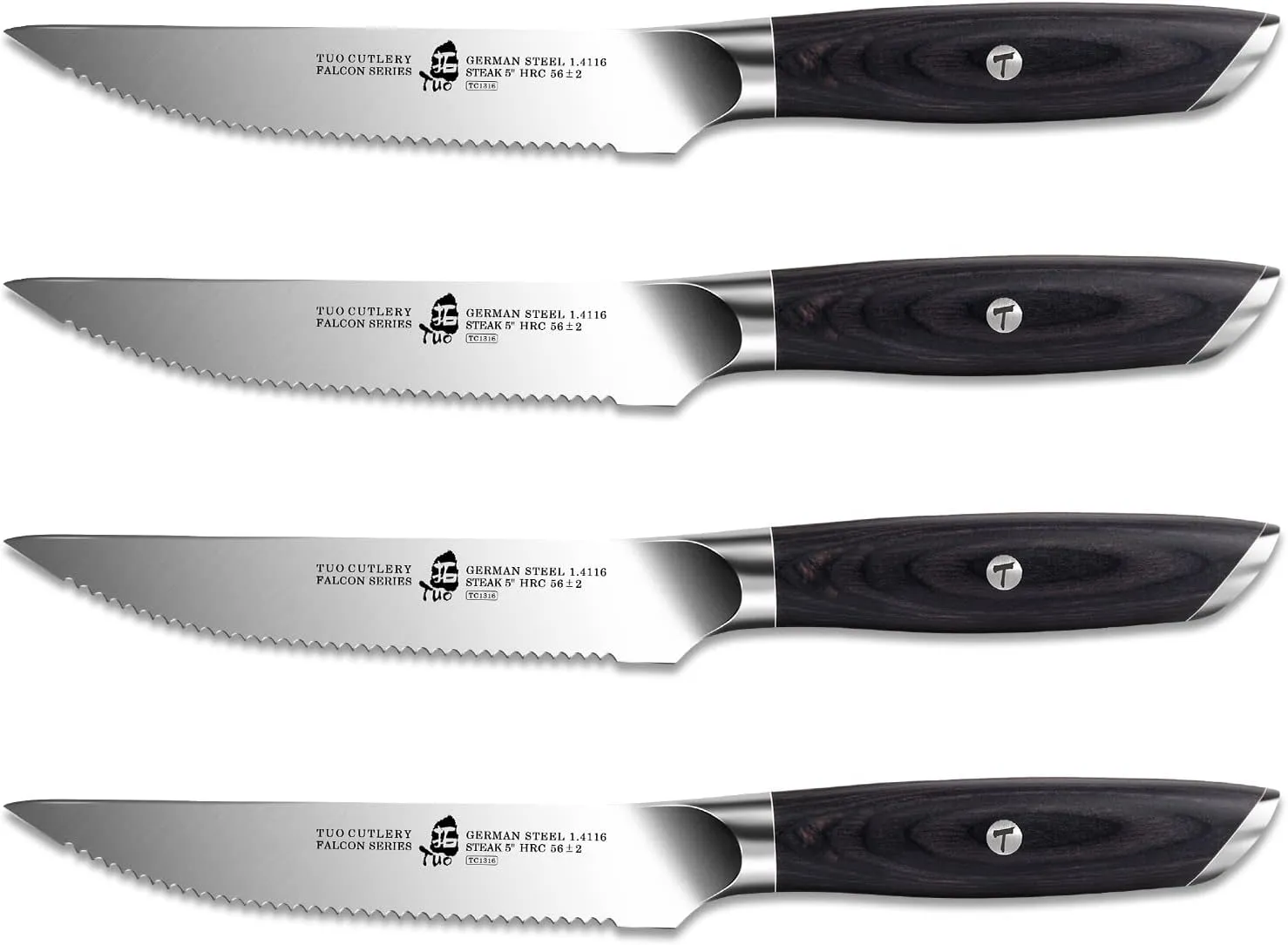 TUO Steak Knives - 4 Piece Steak Knife Set, Serrated Edge Steak Knives 5 inch Kitchen Knife - German High Carbon Stainless - Full Tang Pakkawood Handle - Falcon Series with Gift Box