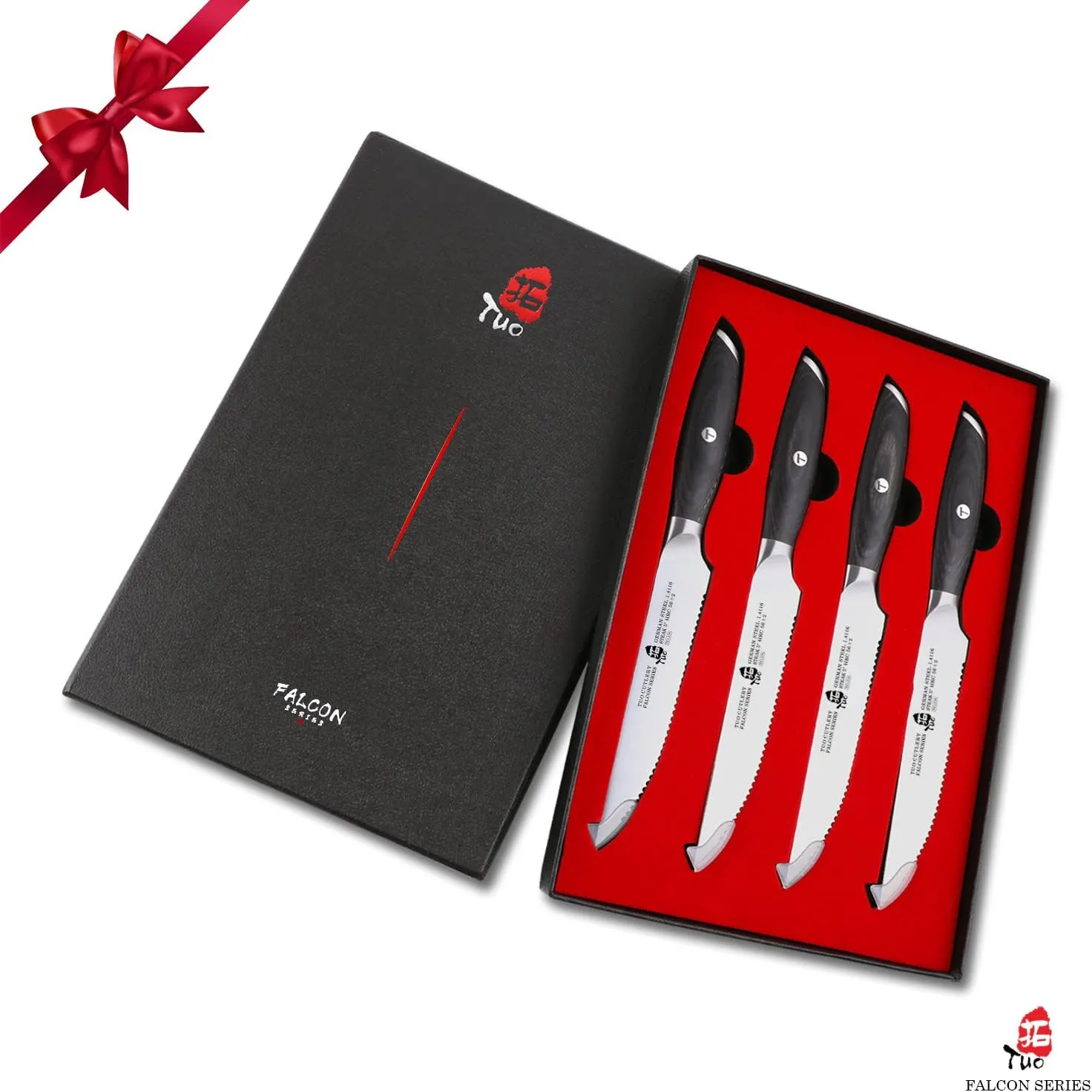 TUO Steak Knives - 4 Piece Steak Knife Set, Serrated Edge Steak Knives 5 inch Kitchen Knife - German High Carbon Stainless - Full Tang Pakkawood Handle - Falcon Series with Gift Box