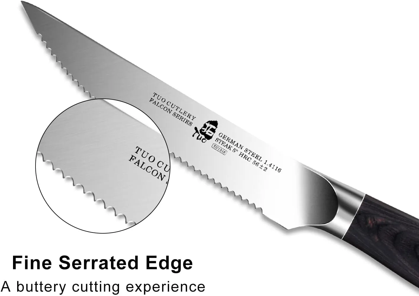 TUO Steak Knives - 4 Piece Steak Knife Set, Serrated Edge Steak Knives 5 inch Kitchen Knife - German High Carbon Stainless - Full Tang Pakkawood Handle - Falcon Series with Gift Box