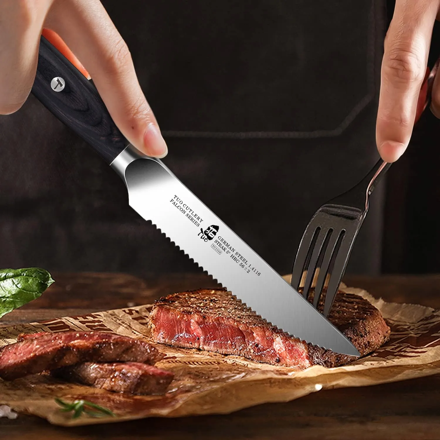 TUO Steak Knives - 4 Piece Steak Knife Set, Serrated Edge Steak Knives 5 inch Kitchen Knife - German High Carbon Stainless - Full Tang Pakkawood Handle - Falcon Series with Gift Box