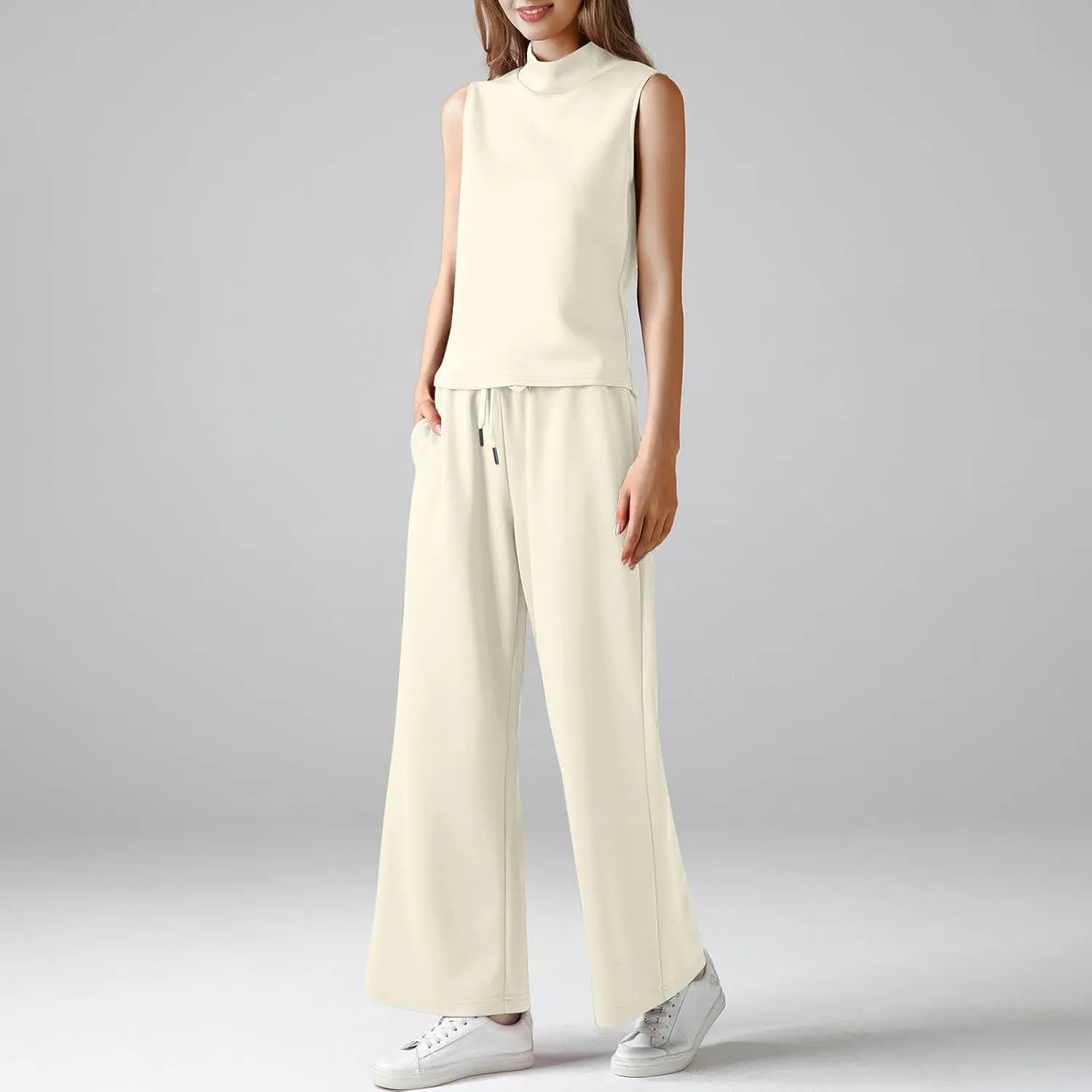 Two Piece Sets For Women Summer Dressy Sleeveless Mock Neck Tops Wide Leg Pants Tracksuit Matching Set Vacation Outfits